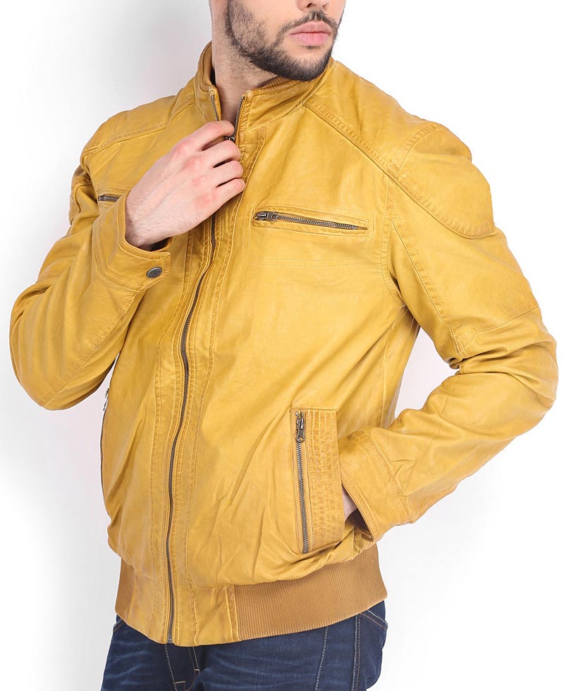 Black and Yellow Bomber Leather Jacket for Men