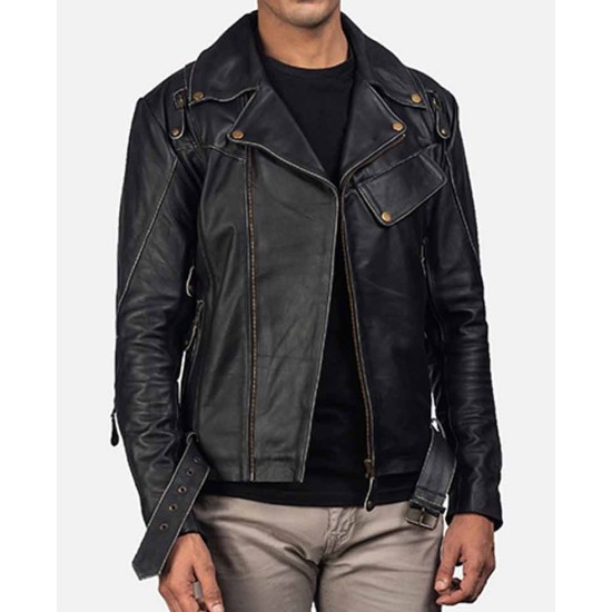 Men's New Stylish Motorcycle Belted Black Leather Jacket