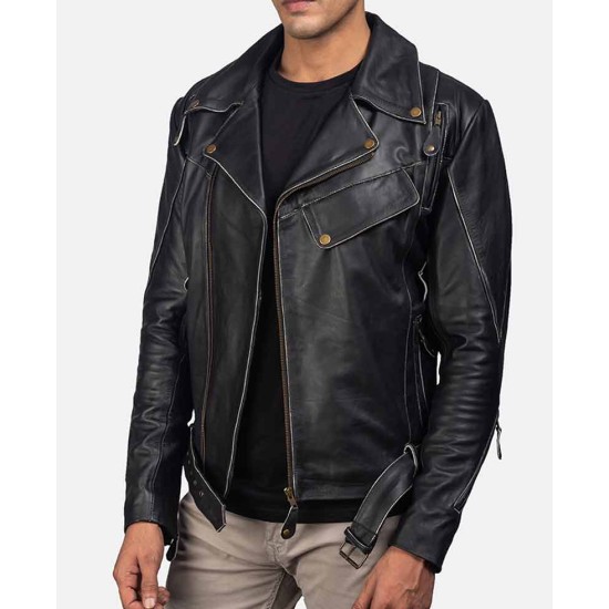 Men's New Stylish Motorcycle Belted Black Leather Jacket
