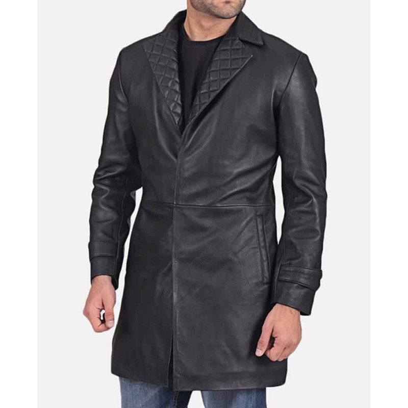 Men's Notch Quilted Collar Black Leather Coat Men's Notch Quilted Collar Black Leather Coat