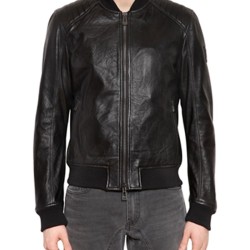 Men's Bomber Black Leather Padded Shoulder Jacket