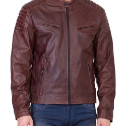 Men's Biker Padded Shoulder Brown Leather Jacket