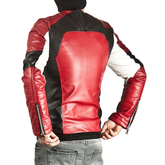 Men's Padded Sleeves Design Red Leather Biker Jacket