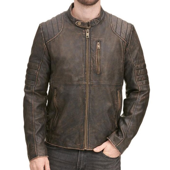 Men's Quilted Design Biker Distressed Brown Leather Jacket