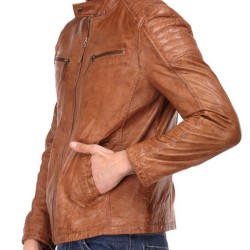 Men's Quilted Shoulder Desing Tan Brown Leather Jacket