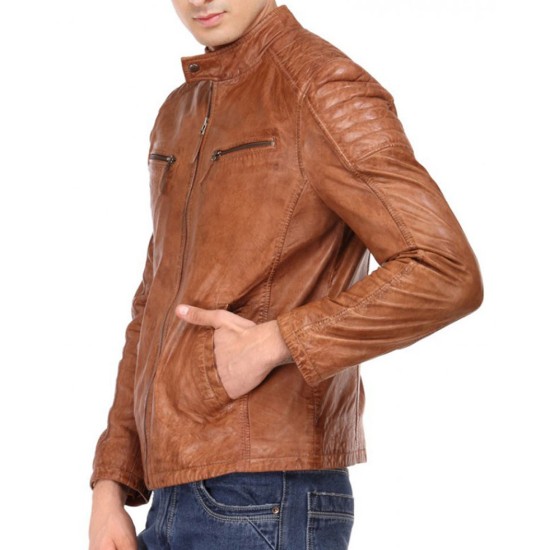 Mens Gents Soft Full Leather Centre Zip Jacket Quilted Shoulders Tan 32" to 50" 