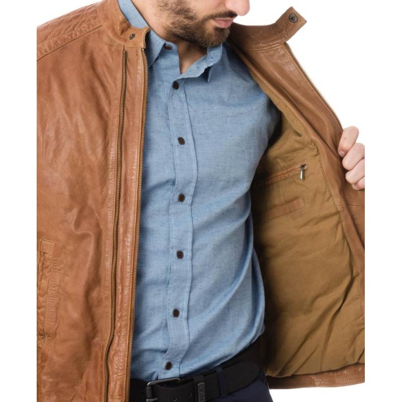 Men's Tan Brown Snap Tab Collar Quilted Shoulder Jacket Men's Tan Brown Snap Tab Collar Quilted Shoulder Jacket