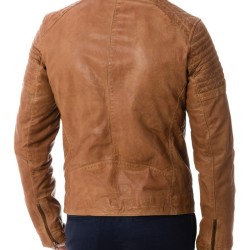 Men's Tan Brown Snap Tab Collar Quilted Shoulder Jacket