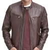 Men's Quilted Shoulder Zipper Pockets Biker Brown Leather Jacket Men's Quilted Shoulder Zipper Pockets Biker Brown Leather Jacket