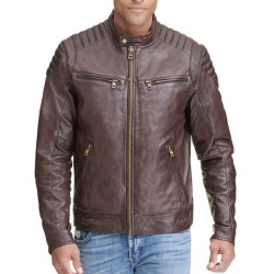 Men's Quilted Shoulder Zipper Pockets Biker Brown Leather Jacket