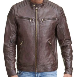 Men's Quilted Shoulder Zipper Pockets Biker Brown Leather Jacket