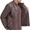 Men's Quilted Shoulder Zipper Pockets Biker Brown Leather Jacket Men's Quilted Shoulder Zipper Pockets Biker Brown Leather Jacket