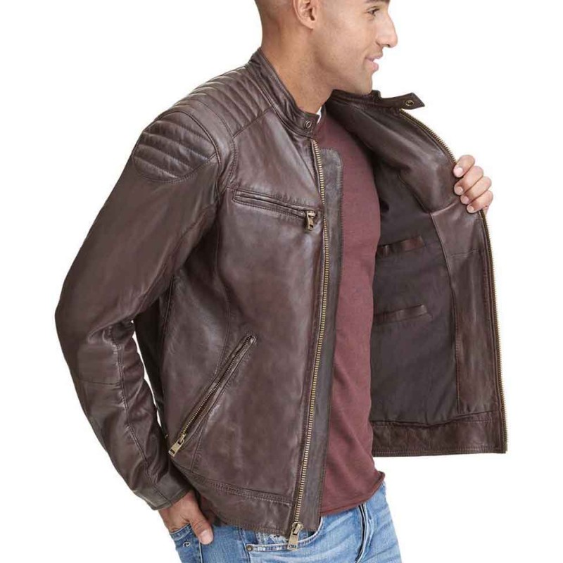 Men's Quilted Shoulder Zipper Pockets Biker Brown Leather Jacket Men's Quilted Shoulder Zipper Pockets Biker Brown Leather Jacket
