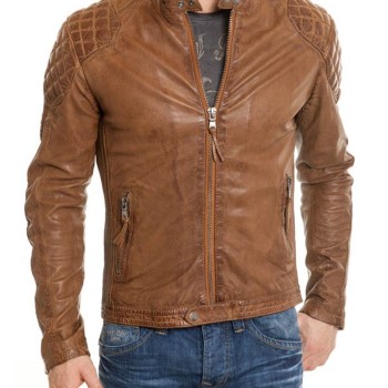 Men's Waxed Leather Quilted Shoulders Brown Motorcycle Jacket
