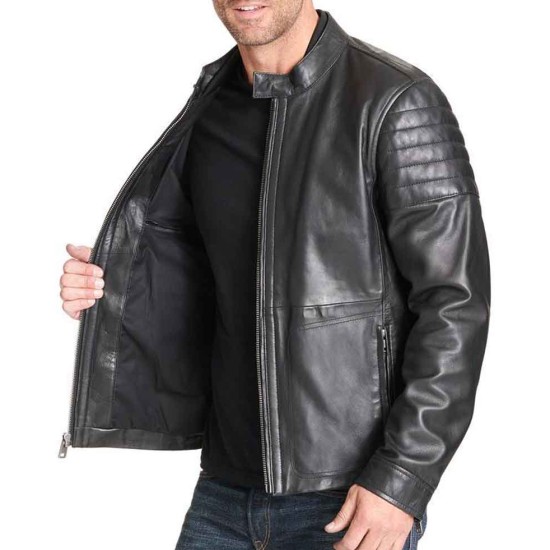 Men's Quilted Sleeve Design Soft Black Leather Biker Style Jacket