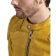 Men's Quilted Snap Tab Collar Cafe Racer Yellow Leather Jacket