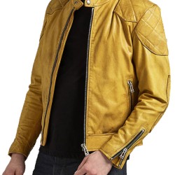 Men's Quilted Snap Tab Collar Cafe Racer Yellow Leather Jacket