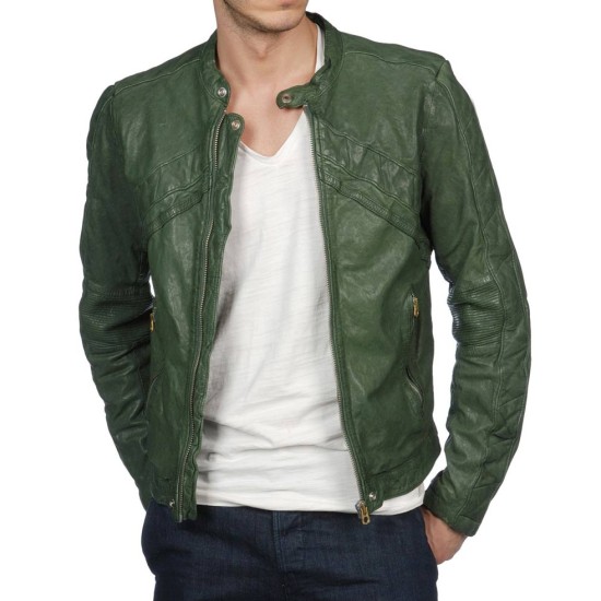 Men's Casual Wear Green Leather Motorcycle Jacket