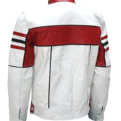 Men's Biker Red Striped Design Slim Fit White Leather Jacket