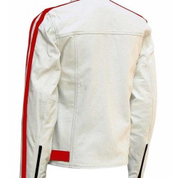 Men's Biker White Leather Red Striped Jacket