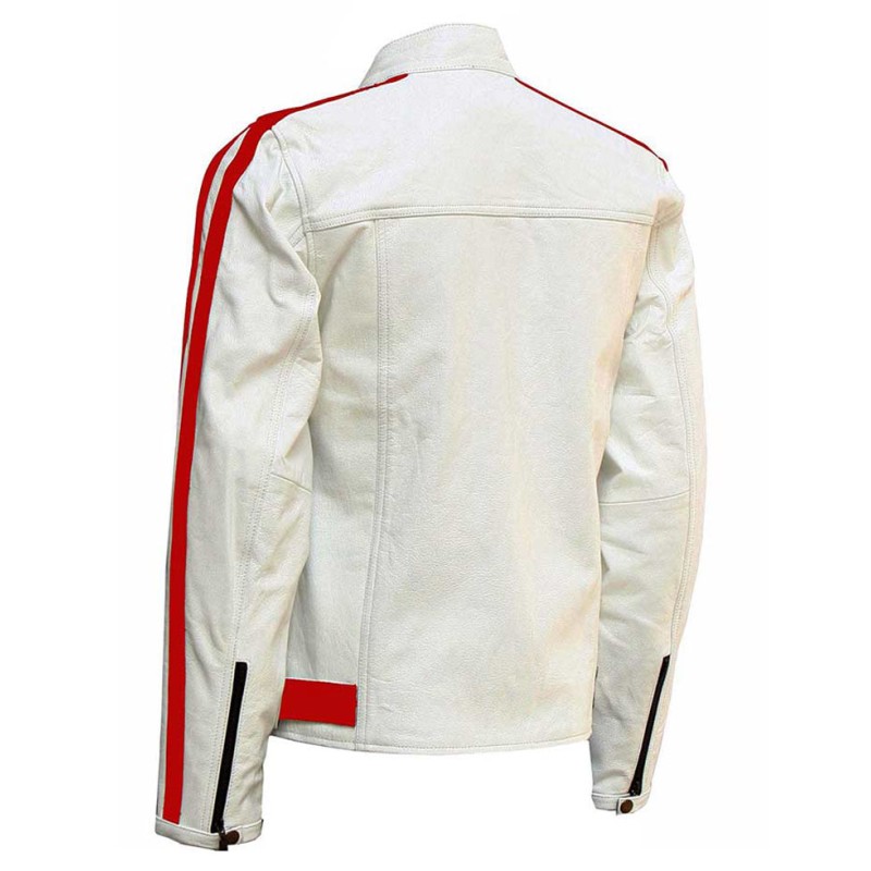 Men's Biker White Leather Red Striped Jacket Men's Biker White Leather Red Striped Jacket