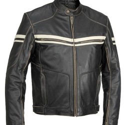 Men's Vintage Black Leather Biker Jacket with White Striped Design