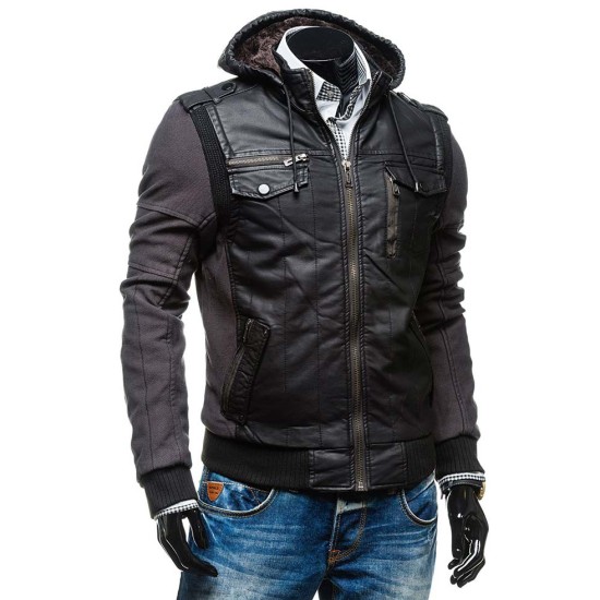 Men's Shearling Black Faux Leather Jacket With Hood