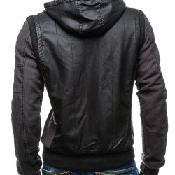 Men's Shearling Black Faux Leather Jacket With Hood