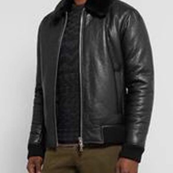 Men's Shearling Bomber Trimmed Black Leather Jacket