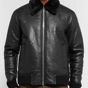 Men's Shearling Bomber Trimmed Black Leather Jacket