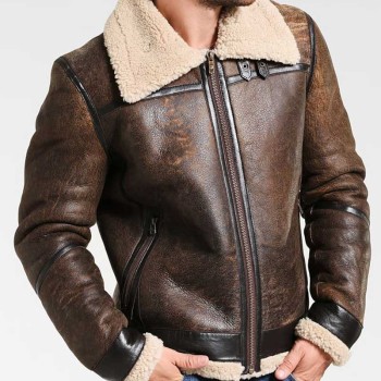 Men's Aviator Distressed Leather Shearling Jacket