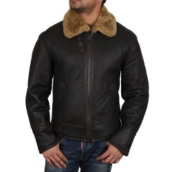Men's Sheepskin Shearling Brown Leather Jacket with Fur Collar