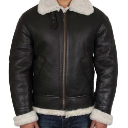 Men's White Shearling Sheepskin Dark Brown Leather Jacket