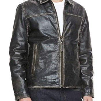 Men's Shirt Collar Distressed Black Leather Jacket