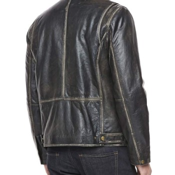 Men's Shirt Collar Distressed Black Leather Jacket