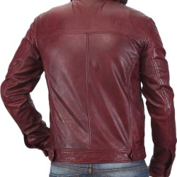 Men's Casual Shirt Collar Burgundy Leather Jacket