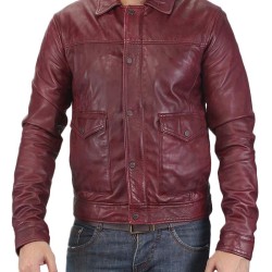 Men's Casual Shirt Collar Red Leather Jacket