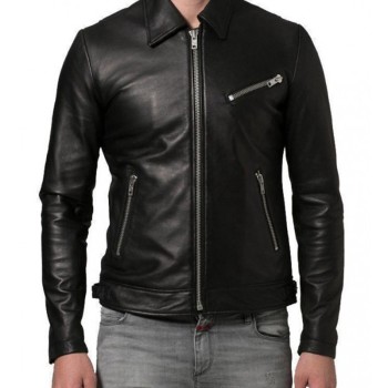 Shirt Collar Soft Lambskin Leather Jacket for Men