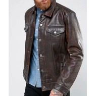 Men's Trucker Rustic Buff Shirt Collar Leather Jacket