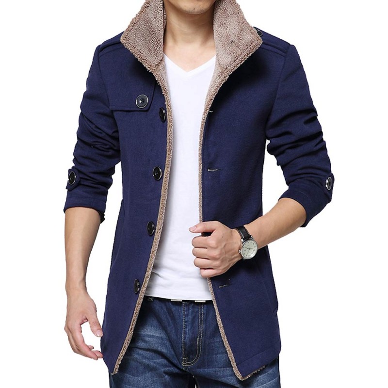 Men's Shearling Blue Wool Single Breasted Jacket Men's Shearling Blue Wool Single Breasted Jacket