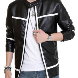 Men's Slim Fit Biker Style Black Leather White Striped Jacket