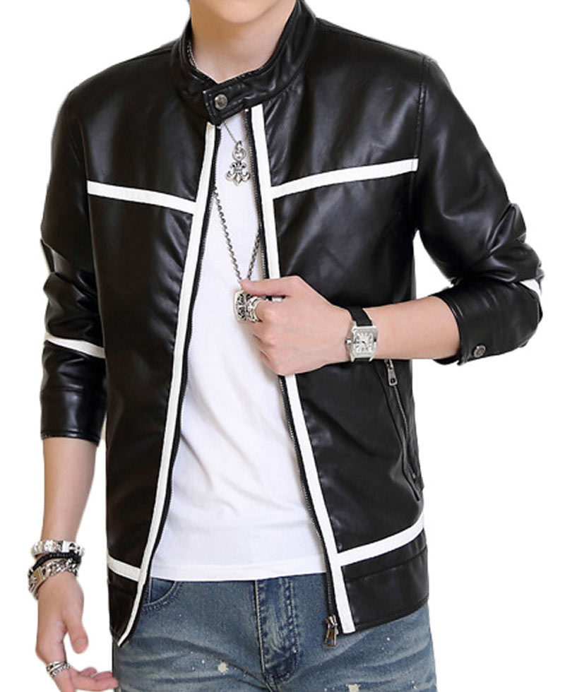 Men S Slim Fit Biker Style Black Leather White Striped Jacket Filmsjackets