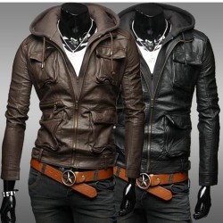 Men's Slim Fit Brown/Black Leather Jacket with Hoodie
