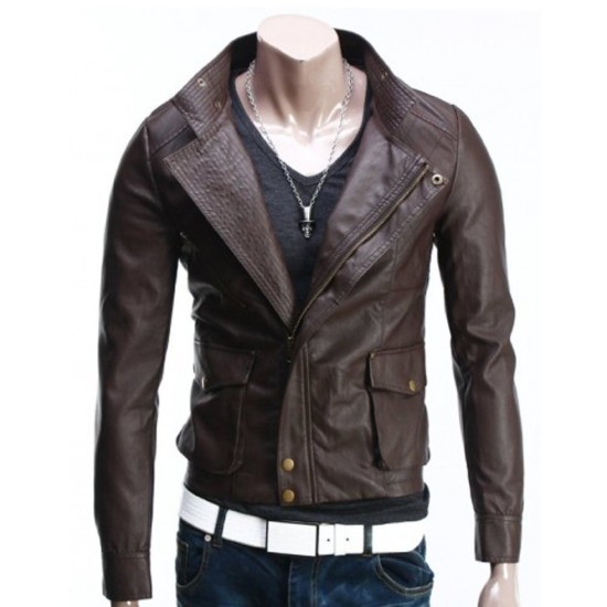 Men's Brando Style Slim Fit Brown Leather Jacket