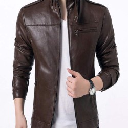 Men's Slim Fit Formal Brown Faux Leather Jacket