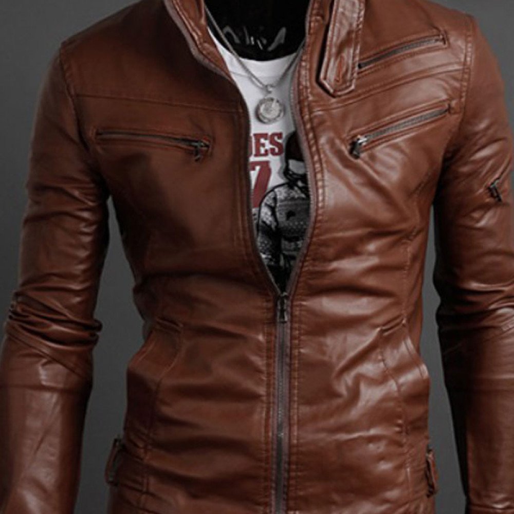 Men's Slim Fit Multi Zipper Pocket Brown Faux Leather Jacket