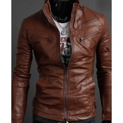Men's Slim Fit Multi Zipper Pocket Brown Jacket