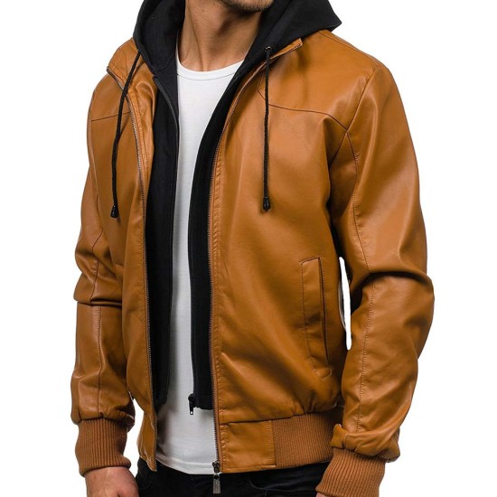 Men's Slim Fit Camel Brown Leather Jacket with Hoodie