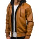 Men's Slim Fit Camel Brown Leather Jacket with Hoodie