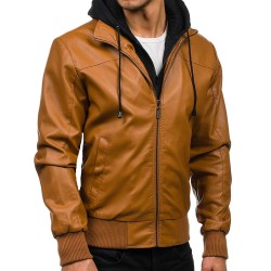 Men's Slim Fit Leather Jacket with Hoodie
